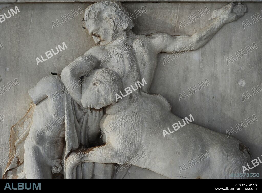 Parthenon. South Metope 1. Detail. Lapith and Centaur. Marble. Master builder, Phidias.  5th century BC. Acropolis of Athens. Acropolis Museum. Athens. Greece.
