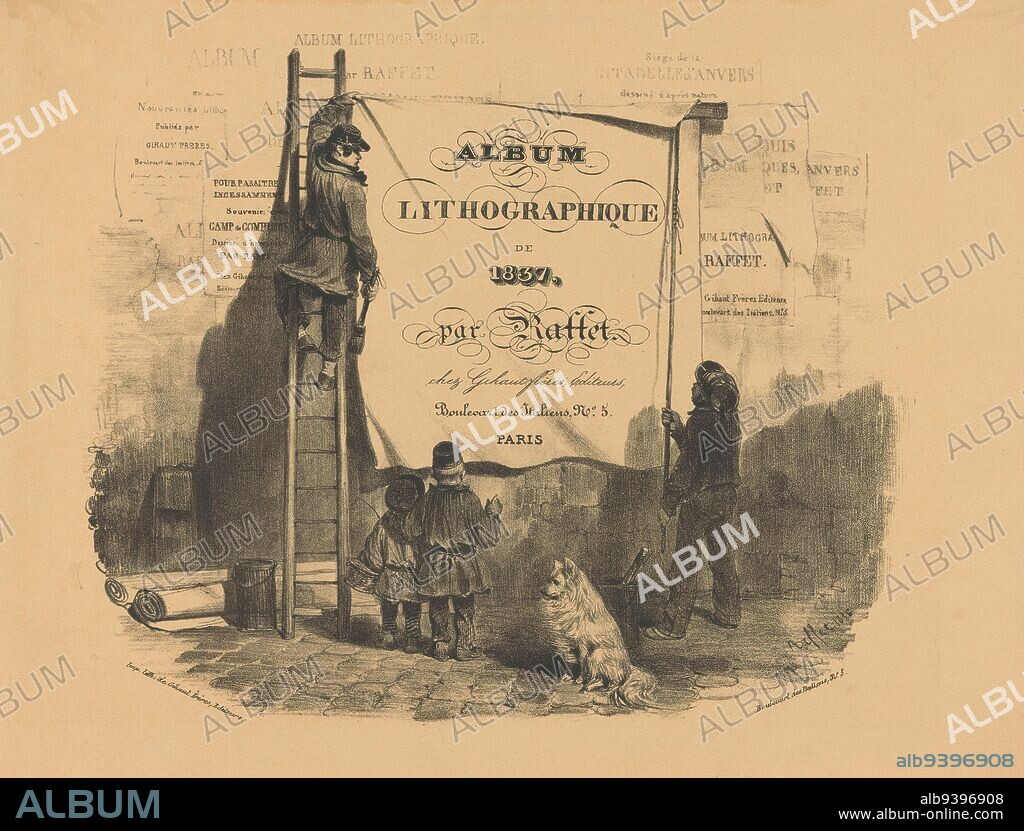Two men pasting a poster against a wall, Album lithographique de 1837 (series title on object)., print maker: Denis Auguste Marie Raffet, (mentioned on object), printer: Gihaut frères, (mentioned on object), publisher: Gihaut frères, (mentioned on object), Paris, 1837, paper, height 267 mm × width 363 mm.