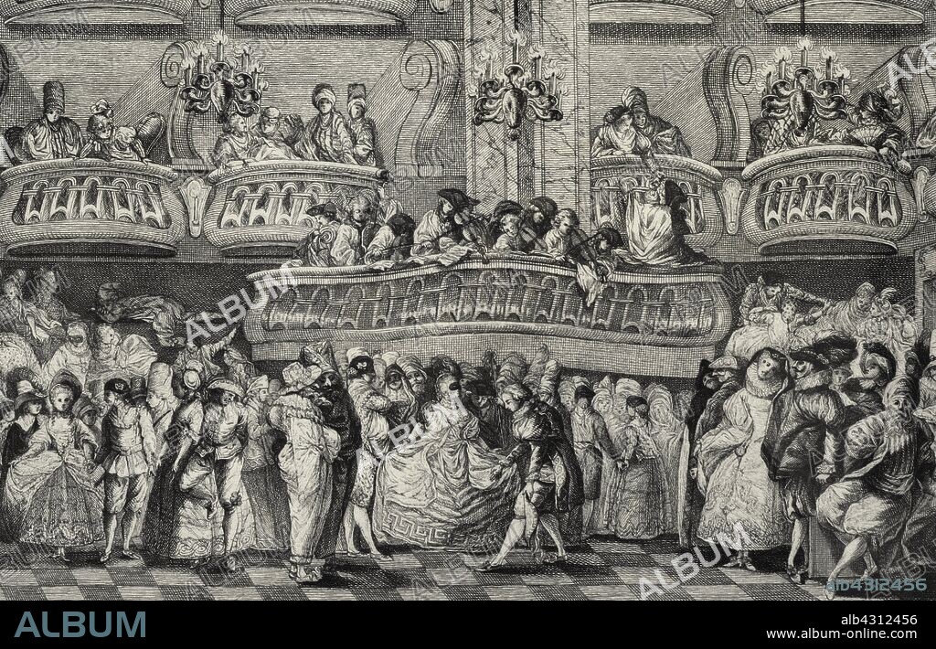Historia de España. Siglo XIX. Baile de máscaras en el Coliseo del Príncipe, hacia 1771-1802. Aguafuerte y buril sobre papel por Juan Antonio Salvador Carmona (1740-1805). Detalle. Museo de Historia. Madrid. España.