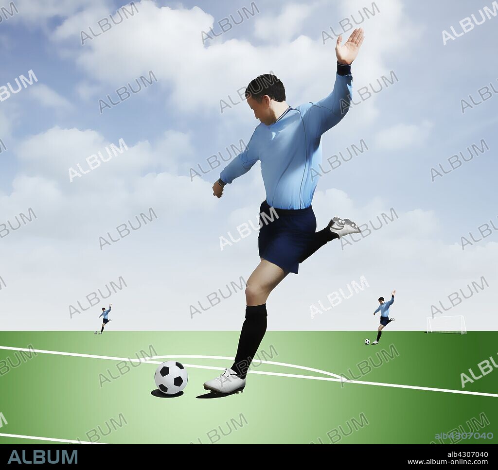 Man kicking soccer ball on pitch.