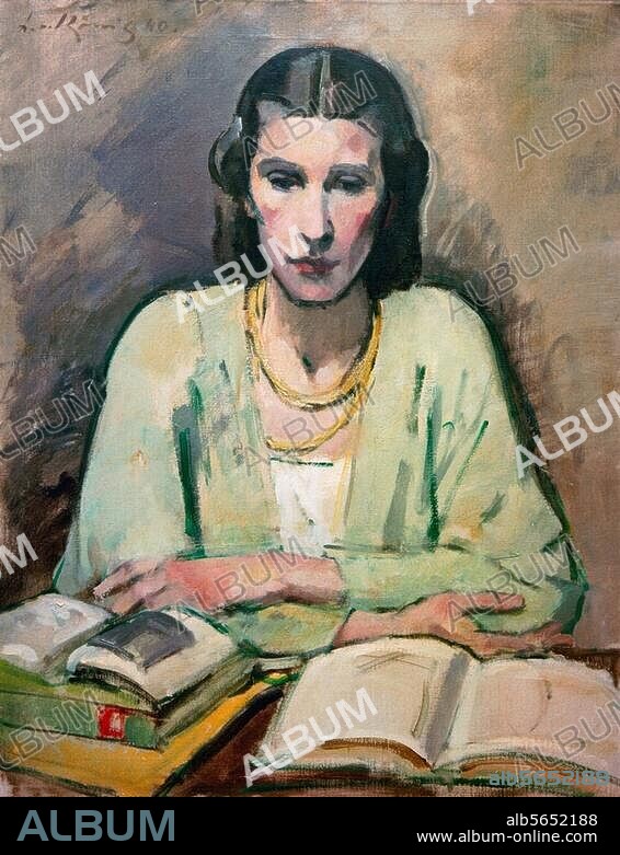 Koenig, Leo von. 1871-1944. "The artist's wife (sitting in front of books) ", 1940. (Anna, née von Hansemann, the second wife of the artist; 1897-1992). Oil on canvas, 95 × 75 cm. Private collection.