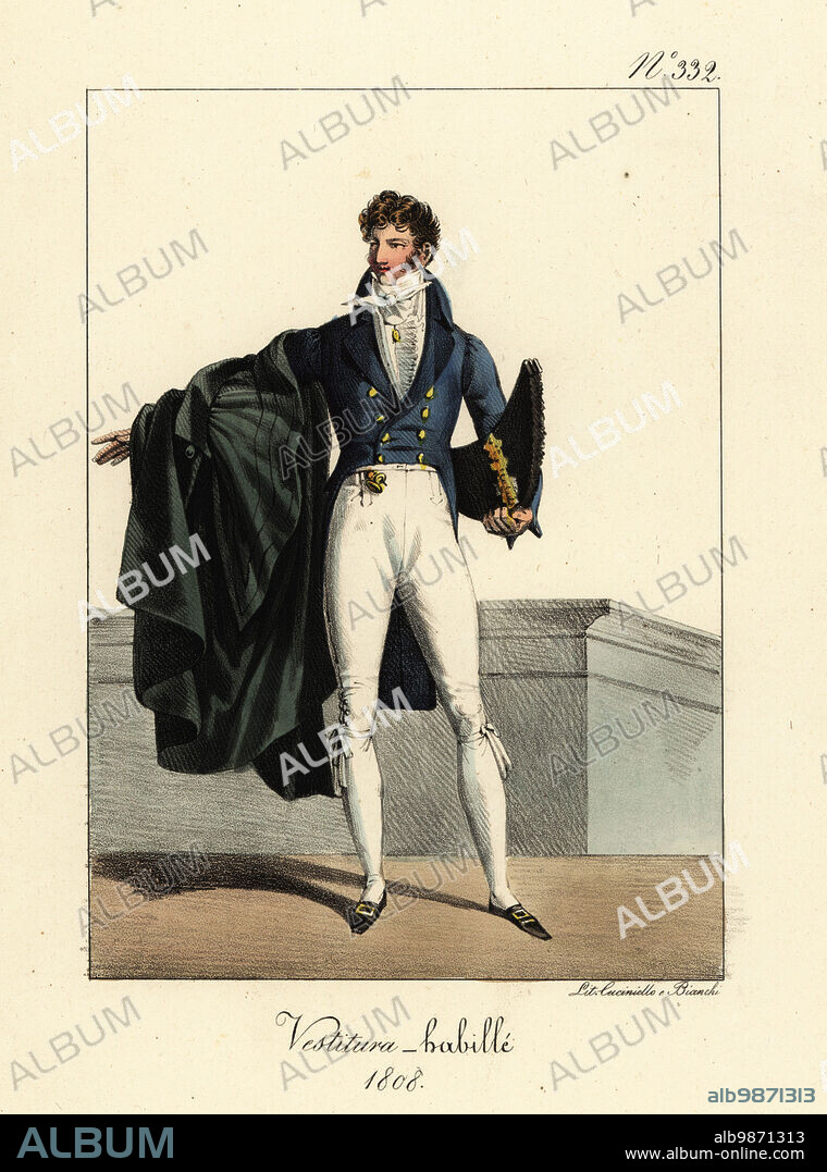 French noble in formal clothes, 1808. With bicorne, high-collar double-breasted coat, breeches, buckle shoes, black cape. Costume habille. 1808. Handcoloured lithograph by Lorenzo Bianchi and Domenico Cuciniello after Hippolyte Lecomte from Costumi civili e militari della monarchia francese dal 1200 al 1820, Naples, 1825. Italian edition of Lecomtes Civilian and military costumes of the French monarchy from 1200 to 1820.