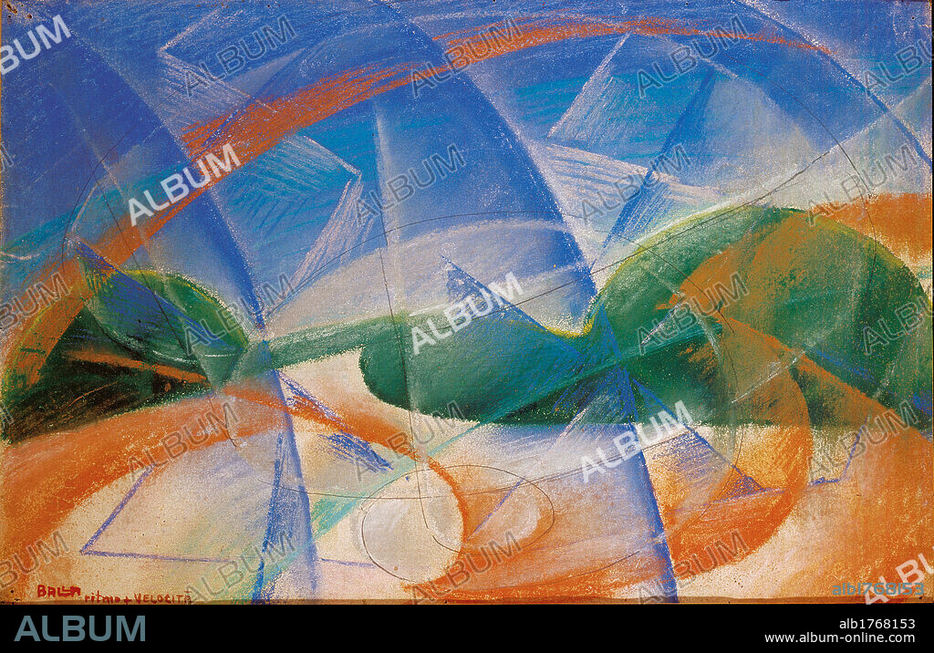 Rhythm Speed, by Giacomo Balla, 1913, 20th Century, pastel on paper, cm 28 x 42,8. Italy, Lazio, Rome, Private Collection. All. Forms movement dynamism light blue azure orange green white streaks.  Please remember that author's rights have to be cleared for modern and contemporary works of arts.