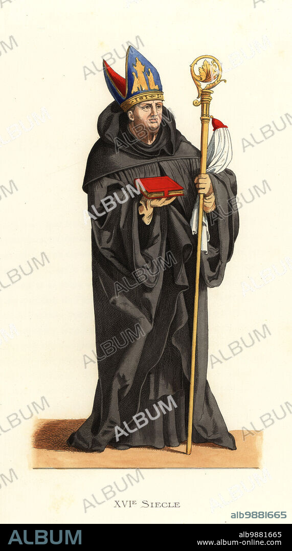 Benedictine abbot, Germany, 16th century. In black habit, carrying a bible and crozier, wearing an embroidered mitre. From a history of the Benedictines. Allemagne, Benedictin. Handcolored lithograph after an illustration by Edmond Lechevallier-Chevignard from Georges Duplessis's Costumes historiques des XVIe, XVIIe et XVIIIe siecles (Historical costumes of the 16th, 17th and 18th centuries), Paris, 1867. Edmond Lechevallier-Chevignard was an artist, book illustrator, and interior designer.