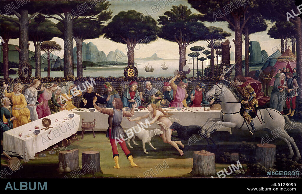 SANDRO BOTTICELLI. HISTORIA DE NASTAGIO DEGLI ONESTI - CUADRO III - HACIA 1483 - O/L - 84x142 - NP 2840 - RENACIMIENTO ITALIANO.