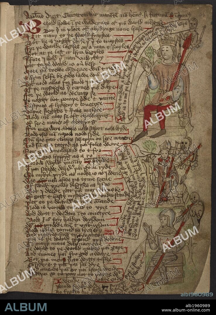 Page of a manuscript from 'The Desert of Religion'. The Desert of Religion and other poems and religious pieces,. etc. mostly illustrated, in Northern English. 34. " Apostolus dicit Ciuitatem hic manentem non habentus " (etc.): verses (23 couplets) beg. "Behold how in pe wilderness of pis warld men gase Bot therin place of abydynge none hase." Accompanied by the common Vado Mori device, three drawings bearing each a scroll with verses (Latin in Royal MSS. 5 E. xxi. f. 126 b, 7 E. VII. f. 177, etc., English in Cotton MS. Faust. B. vi. pt. ii. f. 1 b, with good drawing, and Stowe MS. 39, f. 32), beg. "I wende to dede a kyng y wys. What helps honour or warlds blys ? " f. 36. Source: Add. 37049 f.36. Language: English.