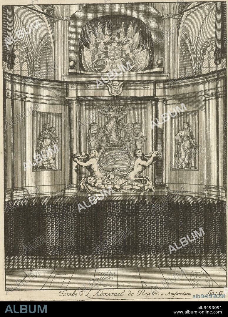 The tomb of Michiel Adriaansz de Ruyter in the Nieuwe Kerk in Amsterdam Numbered bottom right: fig: O, Tomb of Michiel Adriaansz de Ruyter Tombe d' L' Admirael de Ruyter a Amsterdam , print maker: Joseph Mulder, (mentioned on object), Joseph Mulder, (mentioned on object), Amsterdam, 1677 - 1738, paper, etching, engraving, h 173 mm × w 151 mm.