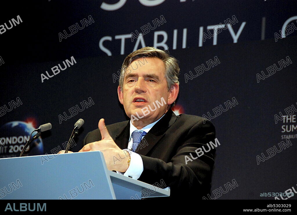 Photograph of Gordon Brown speaking at the 2009 G20 London Summit. James Gordon Brown (1951-) a British politician who was Prime Minister of the United Kingdom and Leader of the Labour Party from 2007 to 2010.