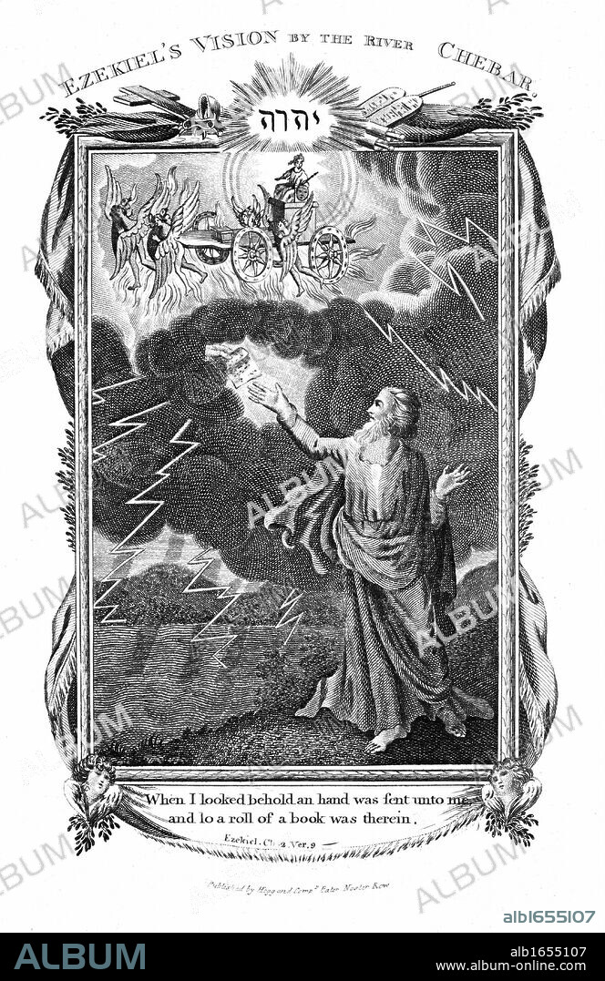 Ezekiel's vision of chariot in sky and a hand in the clouds holding out a book to him, c.614 BC. Bible: Ezekiel II:9. One modern explanation is that Ezekiel, on of the four great Hebrew prophets, observed parhelia (mock suns), a phenomenon caused by reflection from water droplets or minute particles in the earth's atmosphere. Copperplate engraving 1804.