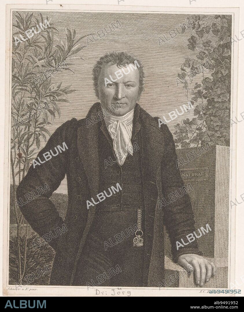 Portrait of Johann Christian Gottfried Jörg, Johann Christiaan Böhme, after Hans Veit Friedrich Schnorr von Carolsfeld, 1805 - 1835, print maker: Johann Christiaan Böhme, (mentioned on object), after: Hans Veit Friedrich Schnorr von Carolsfeld, (mentioned on object), Leipzig, 1805 - 1835, paper, etching, engraving, h 174 mm - w 139 mm.