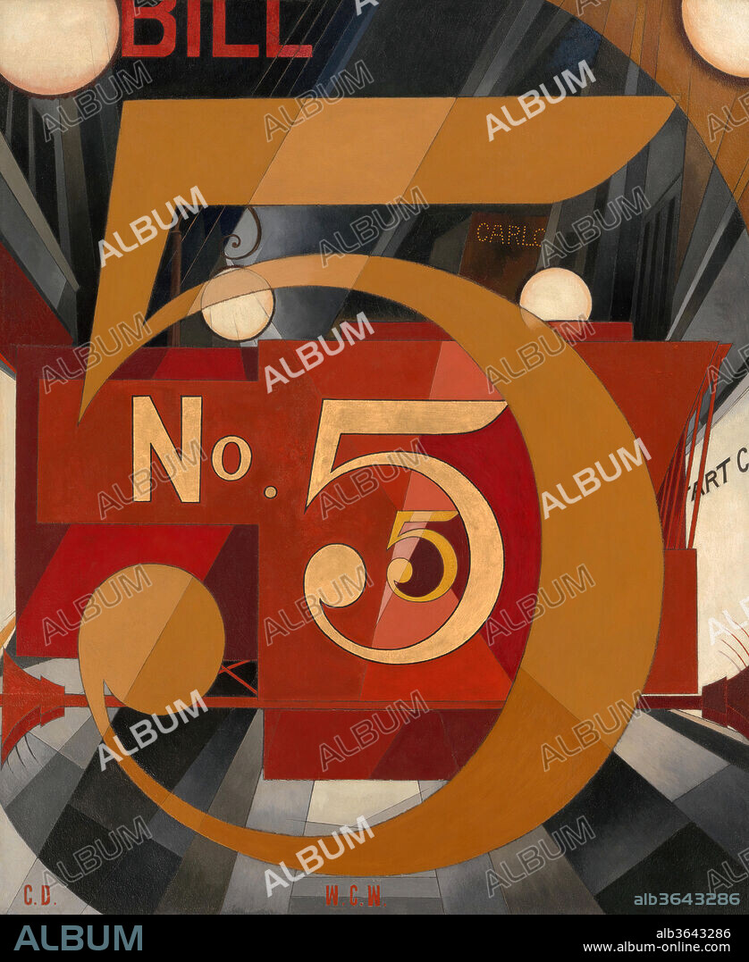 I Saw the Figure 5 in Gold. Artist: Charles Demuth (American, Lancaster, Pennsylvania 1883-1935 Lancaster, Pennsylvania). Dimensions: 35 1/2 x 30 in. (90.2 x 76.2 cm). Date: 1928.
Demuth completed eight abstract portraits between 1924 and 1929 as tributes to modern American artists, writers, and performers. Though not a physical likeness, Demuth created this portrait of his friend, the poet and physician William Carlos Williams, using imagery from Williams's poem "The Great Figure," which evokes the sights and sounds of a fire engine speeding down the street. The intersecting lines, repeated "5," round forms of the numbers, lights, street lamp, and blaring sirens of the red fire engine together infuse the painting with a vibrant, urban energy. Demuth derived the title from the poem, which reads:
Among the rain
and lights
I saw the figure 5
in gold
on a red
firetruck
moving
tense
unheeded
to gong clangs
siren howls
and wheels rumbling
through the dark city.