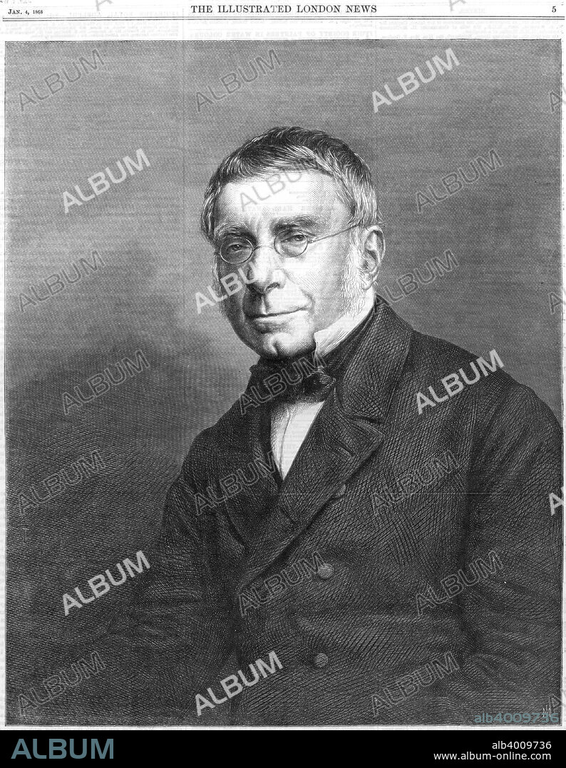 George Biddell Airy, English astronomer and geophysicist, 1868. Airy (1801-1892) was Astronomer Royal and director of the Royal Greenwich Observatory from 1835 to 1881. He initiated the efficient and accurate observation of stellar positions, published works on celestial mechanics and made discoveries in theoretical and practical optics. He reorganised the Greenwich Observatory and discovered errors in planetary theory in relation to the motion of the Earth and Venus. In geophysics Airy is best known for his calculation of the mean density of the Earth. He worked it out by using pendulums to ascertain the difference in the strength of gravity between locations at the bottom of a mine shaft of known depth and on the surface. From The Illustrated London News, 4 January 1868.