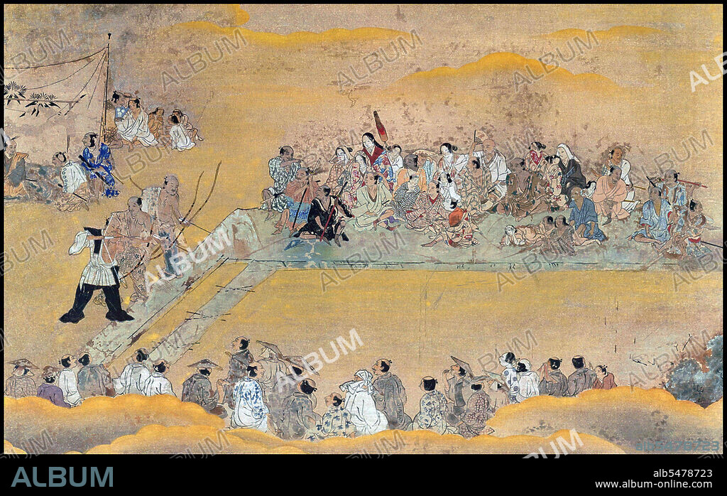 Yamato-e is a style of Japanese painting inspired by Tang Dynasty paintings and developed in the late Heian period. It is considered the classical Japanese style. From the Muromachi period (15th century), the term Yamato-e has been used to distinguish work from contemporary Chinese style paintings (kara-e), which were inspired by Song and Yuan Dynasty Zen Buddhism paintings. The Yamato-e often tell narrative themes with text along with them, show the beauty of nature, e.g. famous places (meisho-e), and the four seasons (shiki-e). The pictures are non-symbolic and have the objective of depicting the beauty in nature. The pictures are often on scrolls that can be hung on a wall (kakemono) or handscrolls (emakimono) that could be read from right to left with the accompanying story or on a folding screen (byoubu) or panel (shouji). Although they received their name from the Yamato period (250-710 CE), Yamato-e pictures rather stand for a style and are not restricted to a particular period. Although the most famous artists painted in sumi-e style in the Muromachi period, this was not characteristic of early pictures.