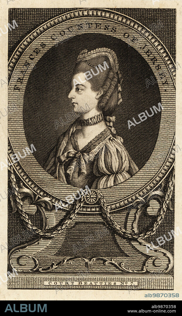Frances Villiers, Countess of Jersey (1753-1821), British Lady of the Bedchamber, famous mistress of King George IV when he was Prince of Wales, and Frederick Howard, 5th Earl of Carlisle. Copperplate engraving after a portrait by Daniel Gardner, Number 7 in a series of Court Beauties from the London Magazine, R. Baldwin, London, 1776.