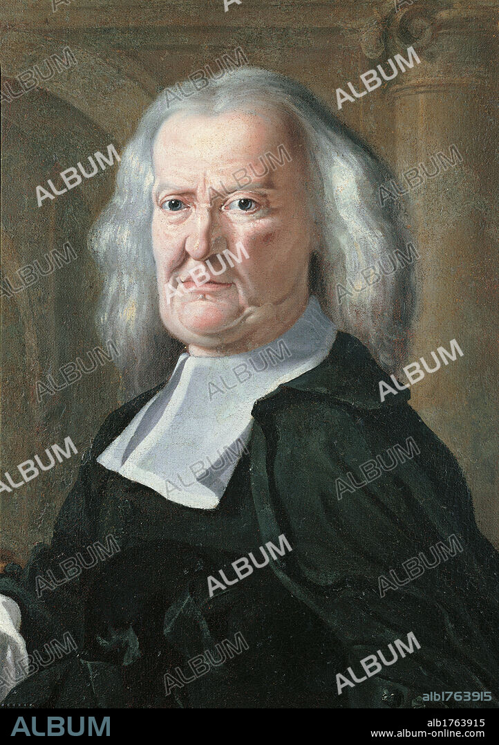 Baldassarre Mitta, by Andrea Porta, 17th Century-18th Century, oil on canvas, cm 207 x 124. Italy, Lombardy, Milan, Ospedale Maggiore, Ca Granda. Detail portrait Baldassarre Mitta foreground face white hair priests cassock interior column capital arch.