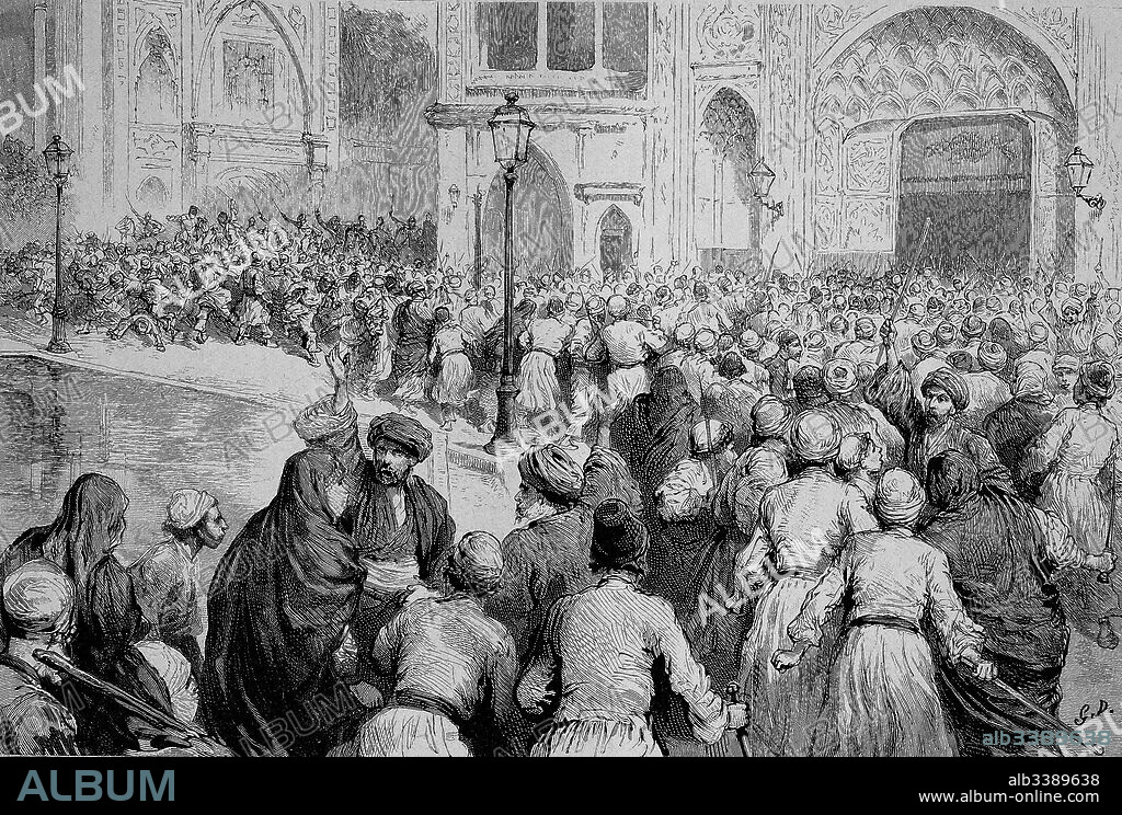 The tobacco revolt in Persia. Crowd in front of the palace of the Shah calls for the lifting of the monopoly, Woodcut from 1892.