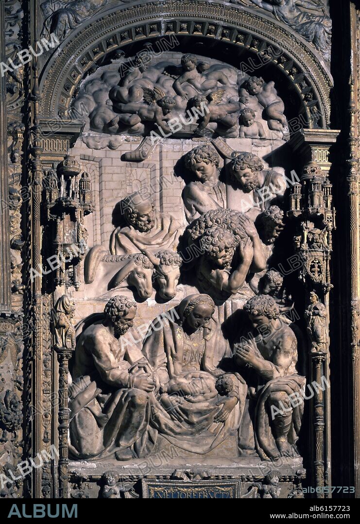 ESTEBAN JORDAN (1530-1598). RELIEVE DEL NACIMIENTO - DETALLE DEL TRASCORO DE LA CATEDRAL DE LEON REALIZADO EN ALABASTRO - 1577.