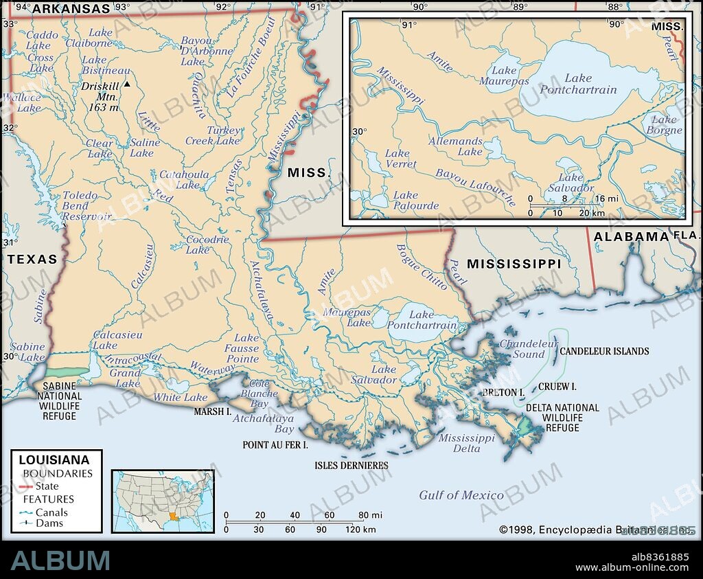 Physical map of Louisiana.