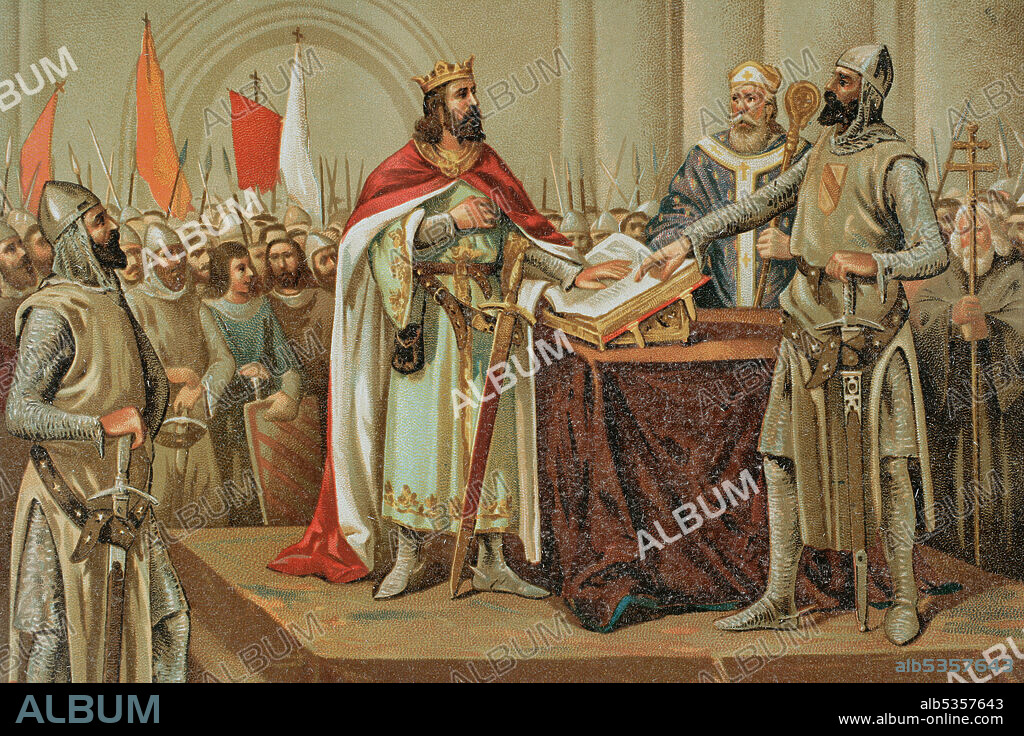Leyenda medieval de la Jura de Santa Gadea. El rey de León Alfonso VI prestó juramento en público, en la Iglesia de Santa Gadea de Burgos, en el año 1072, declarando que no había participado en el asesinato de su hermano el rey Sancho II. Cromolitografía. Historia General de España, por Miguel de Morayta. Tomo II. Madrid, 1889.