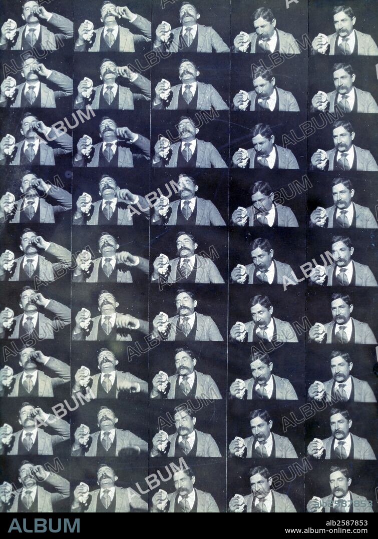 Edison kinetoscopic record of a sneeze 1894. Photograph consists of a series of 45 frames for a movie showing a man, Fred Ott, sneezing. This photographic print mounted on card stock is the earliest surviving "motion picture" known as "Fred Ott's Sneeze" for its star (an Edison engineer), the photo represents the dawn of filmmaking in America while remaining something of an historical accident.