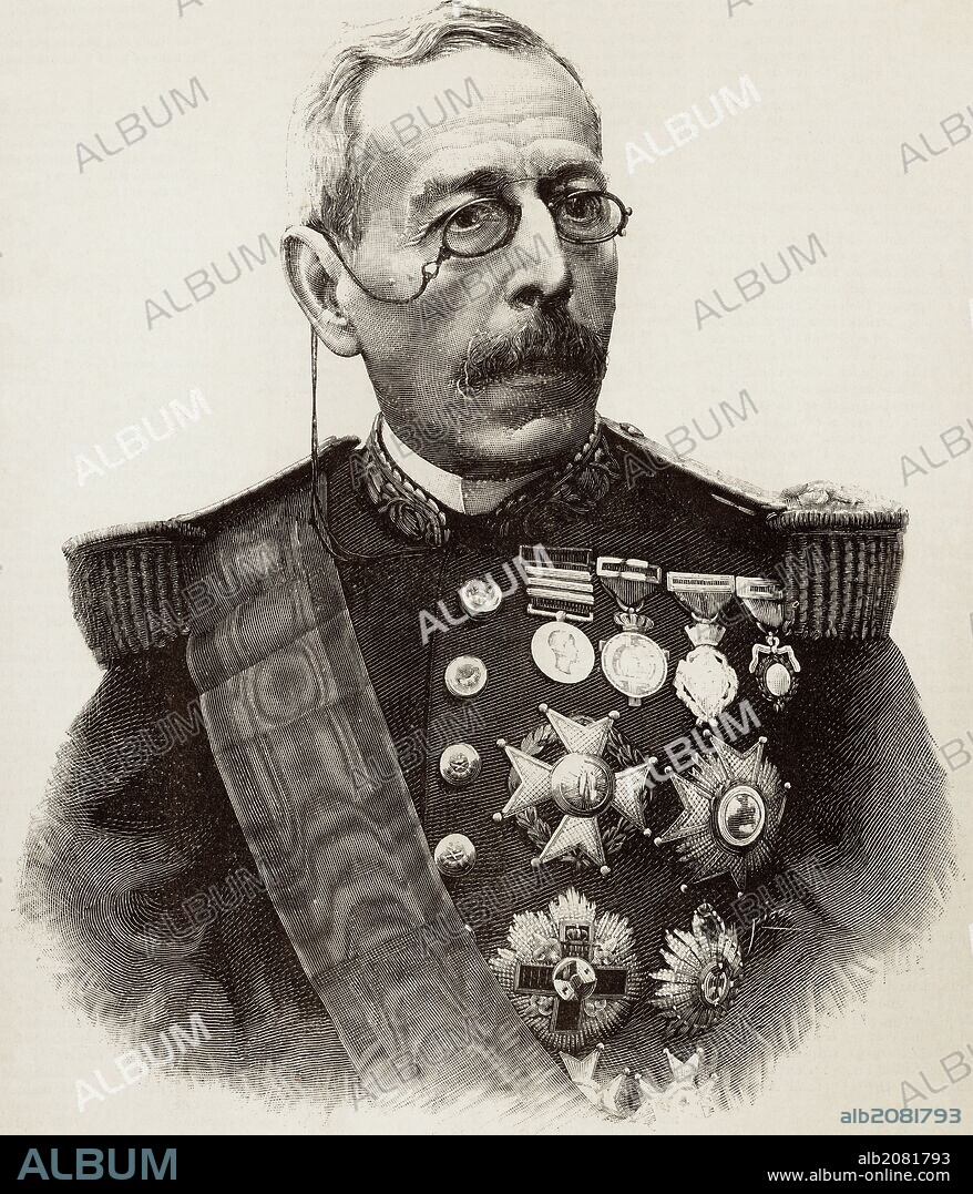 JOVELLAR SOLER, Joaquín (Palma de Mallorca, 1819-Madrid, 1892). Militar y político español. Adherido a la revolución de 1868, formó parte de la Junta que provisionalmente ocupó el poder en Madrid. Capitán General de Cuba y Filipinas y Ministro de Guerra en el primer gobierno de la Regencia (1885-1886). Grabado de 1892.