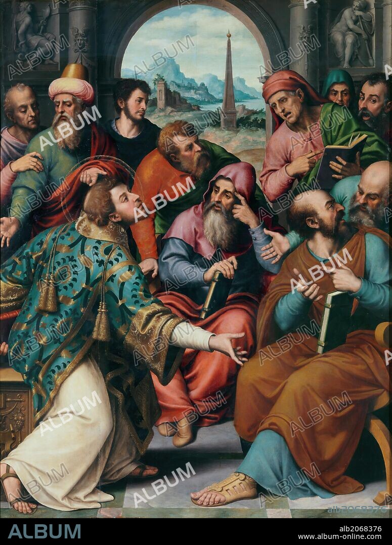VICENTE JUAN MASIP. Juan de Juanes / 'Saint Stephen in the Synagogue', ca. 1562, Spanish School, Oil on panel, 160 cm x 123 cm, P00838.