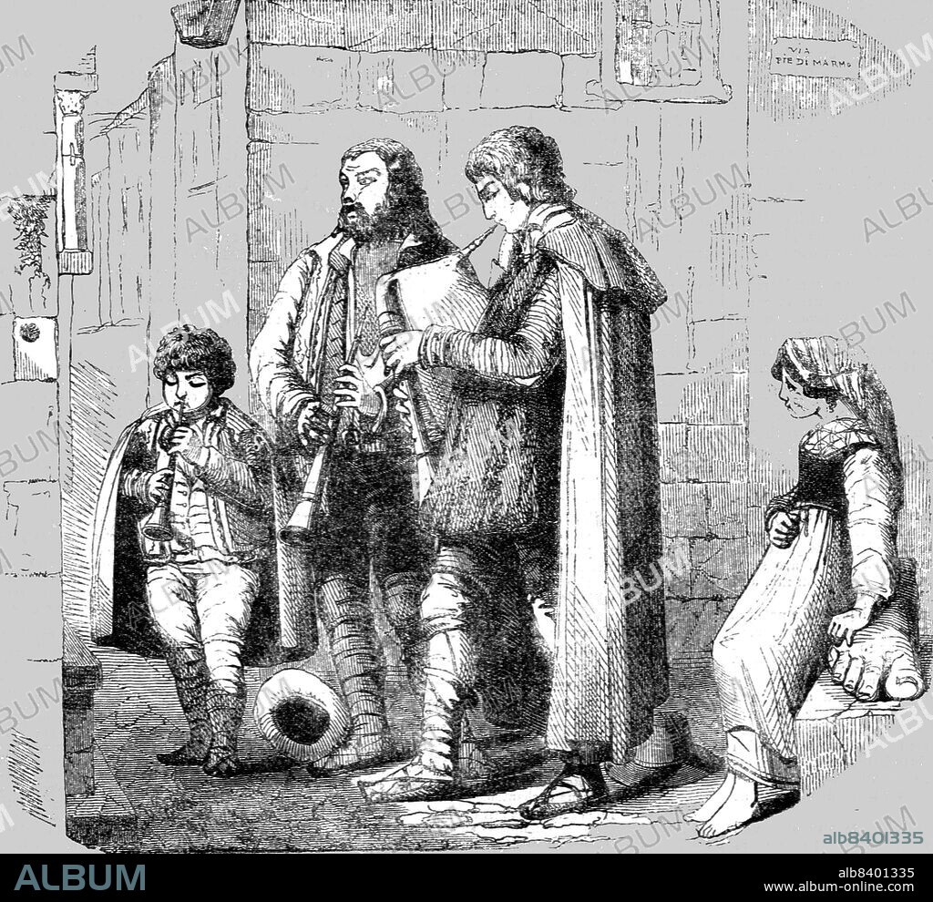'Christmas in Rome : The Pifferari, or Calabrian Minstrels', 1854. From "Cassell's Illustrated Family Paper; London Weekly 31 Dec 1853 to 30 Dec 1854".