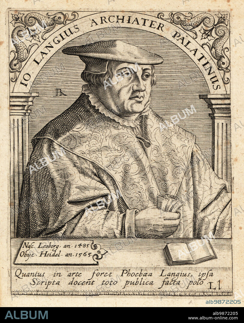 Johannes Lange, German physician and surgeon, 1485-1565. Jo. Langius Archiater Palatinus. Copperplate engraving by Johann Theodore de Bry from Jean-Jacques Boissards Bibliotheca Chalcographica, Johann Ammonius, Frankfurt, 1650.