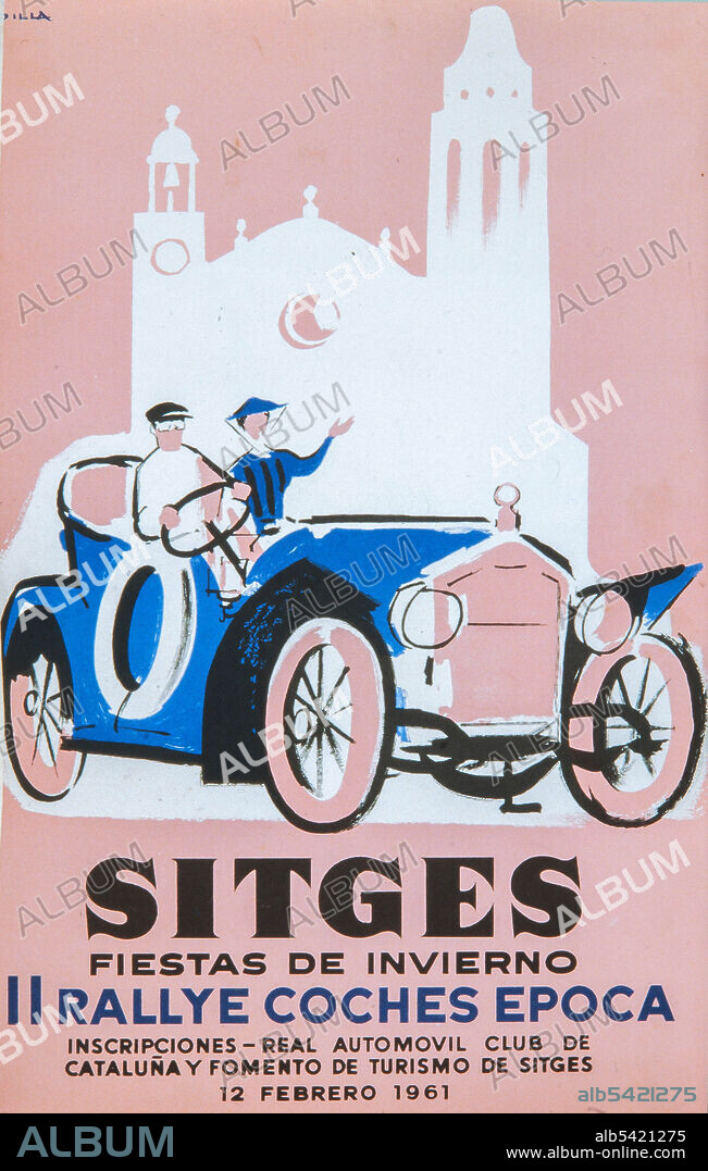 SEBASTIAN REY PADILLA. Cartel de Sebastián Rey Padilla, 'Sitges, Fiestas de Invierno. II Rallye Coches Época. 12 febrero 1961'. Colección privada.