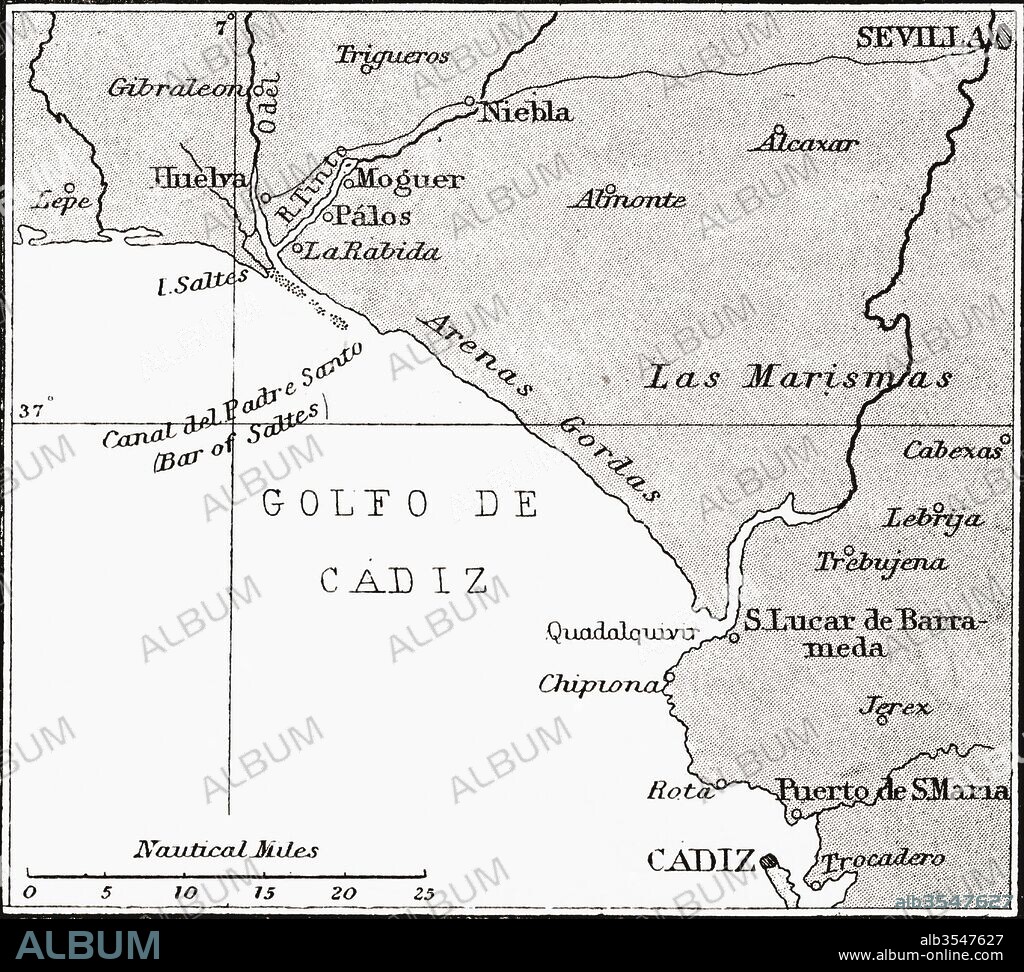 Map of the Spanish coast from Huelva to Cadiz. From the book Life of Christopher Columbus by Clements R. Markham published 1892.