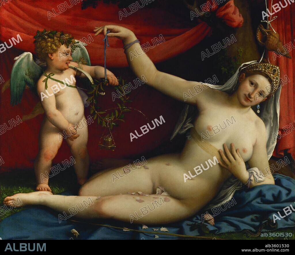 Venus and Cupid. Artist: Lorenzo Lotto (Italian, Venice ca. 1480-1556 Loreto). Dimensions: 36 3/8 x 43 7/8 in. (92.4 x 111.4 cm). Date: 1520s.

Lotto, whose unusual genius makes him one of the most fascinating of all Venetian painters, depicts Venus and her son Cupid in a bower, a subject inspired by ancient marriage poems. He probably painted it to celebrate the wedding of a cultivated couple in Venice or Bergamo, and Venus's features may be taken from the bride's. The beautifully observed details relate to the goddess and marriage. The ivy is symbolic of fidelity, the bride wore a myrtle wreath, and Cupid peeing is a lighthearted augury of fertility.
