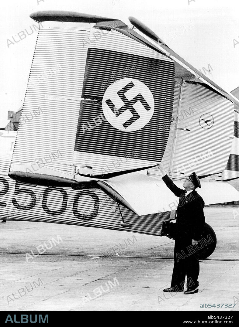 New Nazi Ensign On German Planes. The Nazi ensign on the newly-christened Junkers monoplane "Generalfeldmarschall von Hindenburg" photographed at Croydon Aerodrome (London) before leaving on the return journey to Berlin. The swastika, the new German ensign, has been placed on all German aeroplanes. May 8, 1933. (Photo by Topical Press).