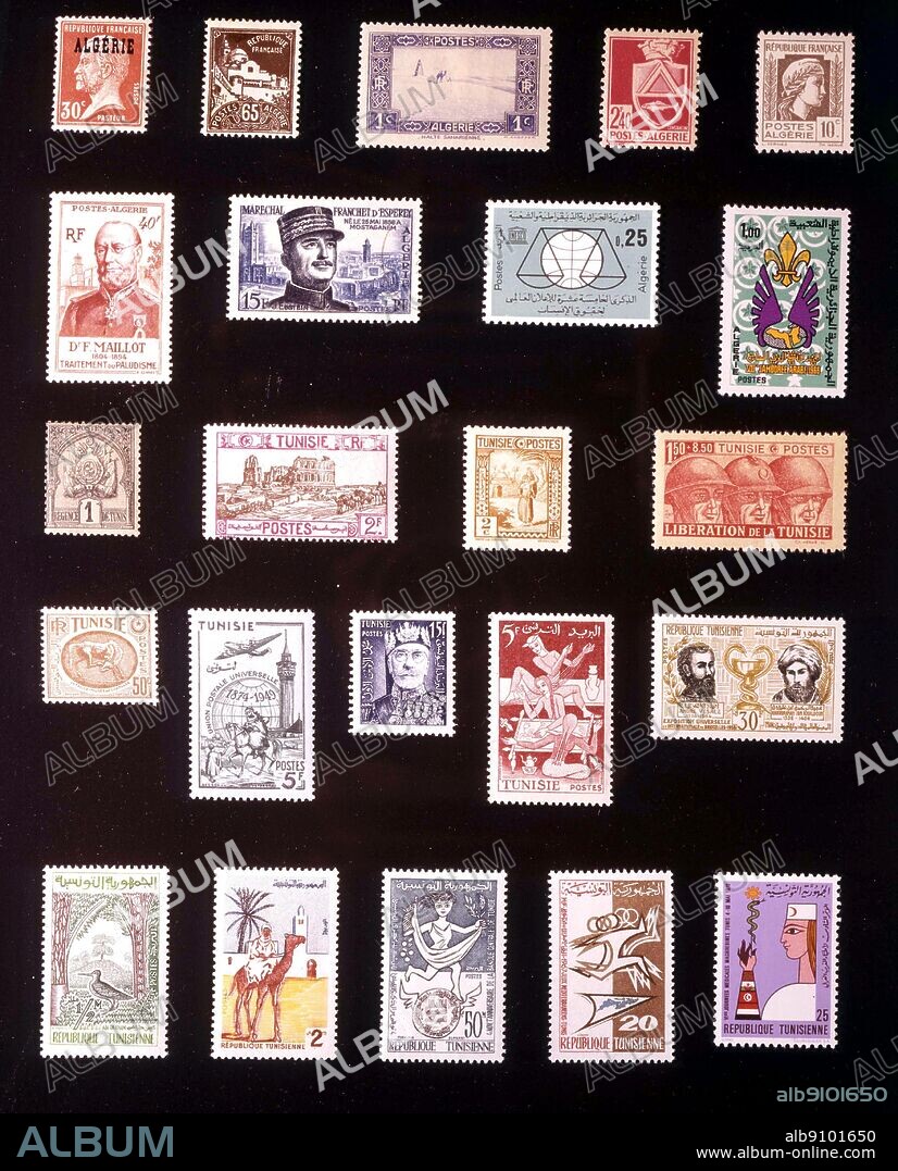 AFRICA - ALGERIA AND TUNISIA: (left to right) 1. Algeria, 30 centimes, 1924, 2. Algeria, 65 centimes, 1927, 3. Algeria, 1 centime, 1936, 4. Algeria, 2.40 francs, 1943, 5. Algeria, 10 centimes, 1944, 6. Algeria, 40 frans, 1954, 7. Algeria, 15 francs, 1956, 8. Algeria, 25 centimes, 1963, 9. Algeria, 1 dinar, 1966, 10. Tunisi, 1 centime, 1888, 11. Tunisia, 2 francs, 1926, 12. Tunisia, 2 centimes, 1931, 13. Tunisi, 1.50 + 8.50 francs, 1943, 14. Tunisia, 50 centimes, 1951, 15. Tunisia, 5 francs, 1949, 16. Tunisia, 15 francs, 1955, 17. Tunisia, 5 francs, 1955, 18. Tunisia, 30 francs, 19. Tunisia, 0.5 millieme, 1959, 20. Tunisia, 2 milliemes, 1959, 21. Tunisia, 50 milliemes, 1959, 22. Tunisia, 20 milliemes, 1967, 23. Tunisia, 25 milliemes, 1970.