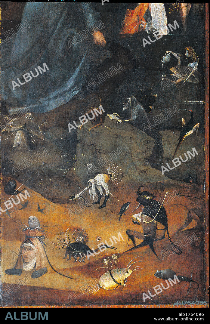 Hermit Saints Triptych, by Joren Anthoniszoon Van Aeken known as Bosch Hieronymus, 1505 about, 16th Century, oil on panel, cm 86,5 x 60each panel. Italy, Veneto, Venice, Doges Palace. Left wing St Anthony Detail of the left wing the evil visions mouse monstrous animals visions.