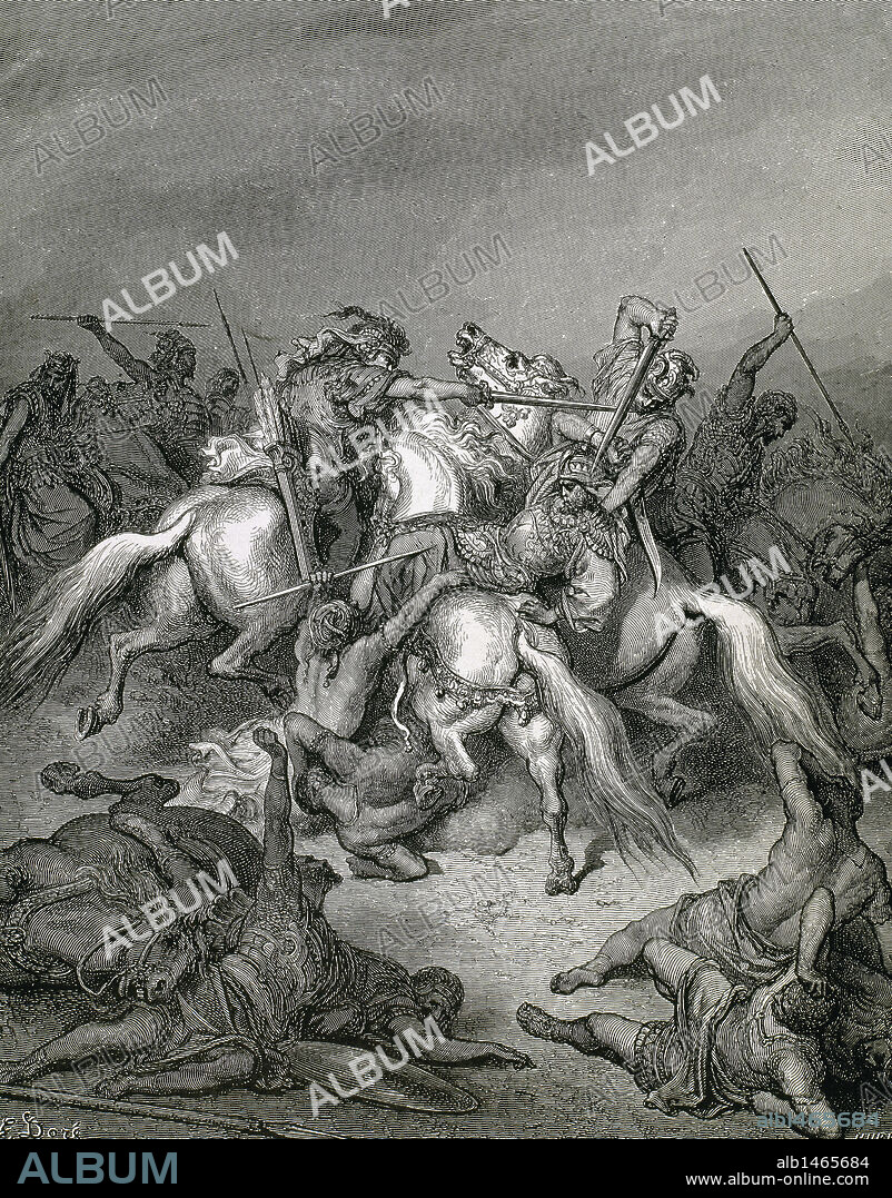 PAUL GUSTAVE DORÉ (basado en). ABISAI (h.1010-970 a.C.). Hijo de Zuri y Sarvia, hermana de David. "ABISAI SALVA LA VIDA A DAVID". Grabado de Hurel sobre una ilustración de G. Doré (1833-1883) para "La Bíblia en imágenes".