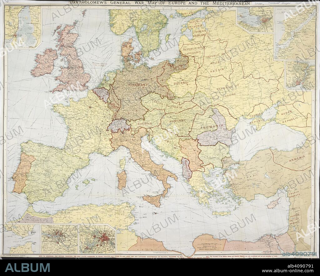 War map of Europe and the Mediterranean. Bartholomew's general War Map of Europe, etc. (Political Map of the new States of Europe in 1919, according to Treaties of Paris, etc.) Scale ... 86 miles to 1 inch. Edinburgh : J. Bartholomew & Co., [1920]. 810 x 640 mm.; Scale ... 86 miles to 1 inch. Source: Maps.1035.(166).