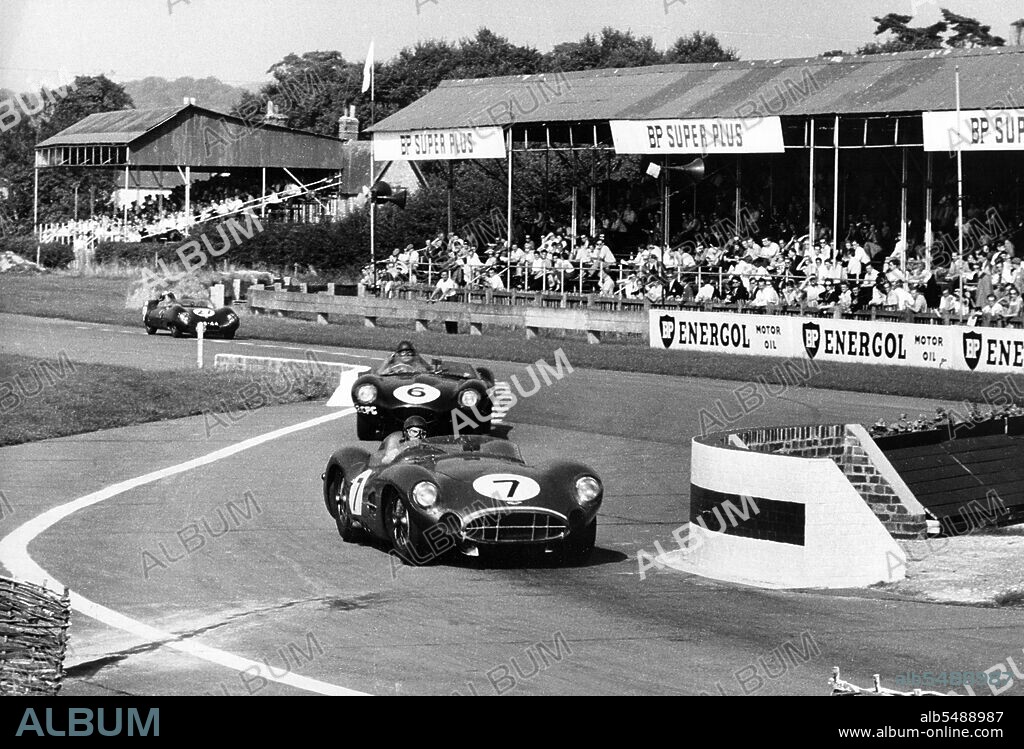 UNKNOWN. Aston Martin of Tony Brooks leading Duncan Hamilton in a Jaguar D type, RAC Tourist Trophy, Goodwood, Sussex, 1958. Brooks and Stirling Moss won the race with Hamilton and his teammate Peter Blond finishing sixth.