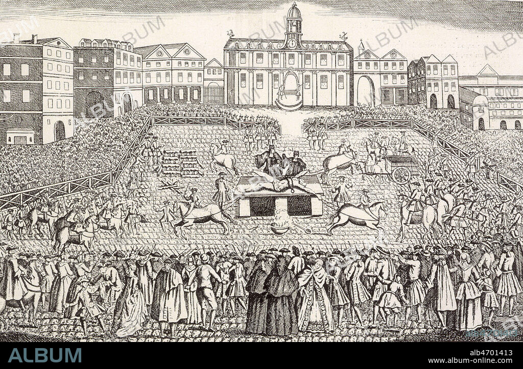 Le supplice de DAMIENS ecartele en place de Greve le 28 mars 1757. Attentat du domestique DAMIENS contre Louis XV, en janvier 1757. Gravure du temps, 37x26cm. Credit Collection Kharbine Tapabor.