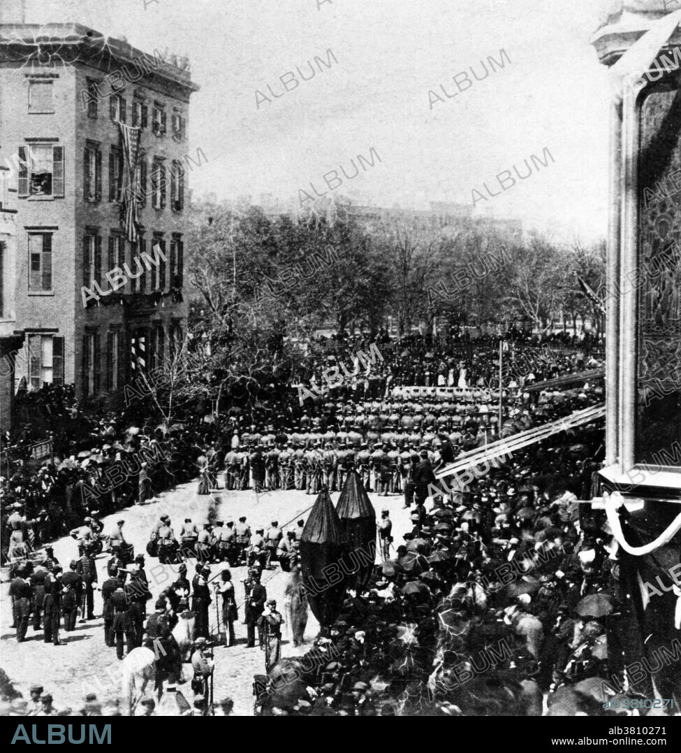 Lincoln's funeral procession, with the Seventh Regiment marching, in New York, NY on April 25, 1865. Abraham Lincoln (February 12, 1809 - April 15, 1865) was the 16th American President. Reared on the western frontier, Lincoln was mostly self-educated. He became a country lawyer, an Illinois state legislator and member of the House of Representatives. He was elected president in 1860, but before Lincoln took office, seven southern slave states declared their secession and formed the Confederacy. When war began Lincoln concentrated on both the military and political dimensions of the war effort, seeking to reunify the nation. He exercised unprecedented war powers, including the arrest and detention without trial of thousands of suspected secessionists. He issued his Emancipation Proclamation in 1863 and promoted the passage of the Thirteenth Amendment to the Constitution, abolishing slavery. Lincoln married Mary Todd in 1842. They had four sons; Robert Todd, Edward Baker, Willie and Tad, but only Robert survived to adulthood. Lincoln was assassinated by John Wilkes Booth at the Ford Theater on April 14th, 1865. After being in a coma for nine hours, Lincoln died at 7:22 am on April 15, at the age of 56.