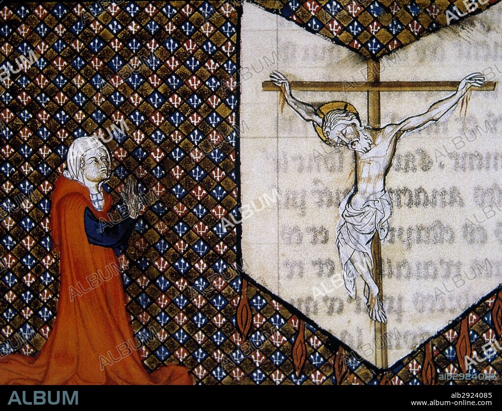 Miniatura con la representación de una mujer rezando arrodillada delante de Cristo. "Tratado de Devoción". Siglo XIV. Castillo de Chantilly. Francia.
