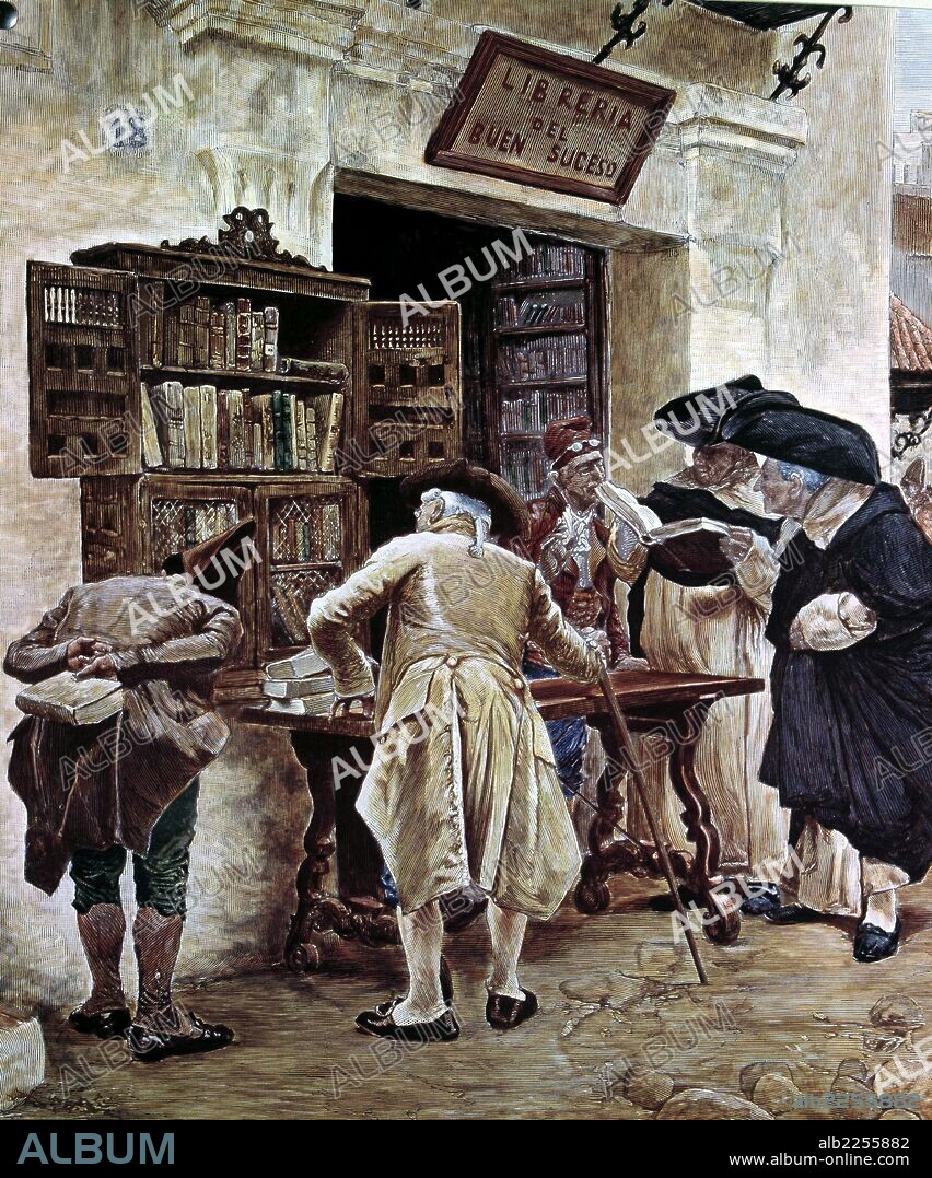 ARANDA JIMENEZ , JOSE. PINTOR ESPAÑOL. SEVILLA 1837-1903. " LOS BIBLIOFILOS ". GRABADO COLOREADO.