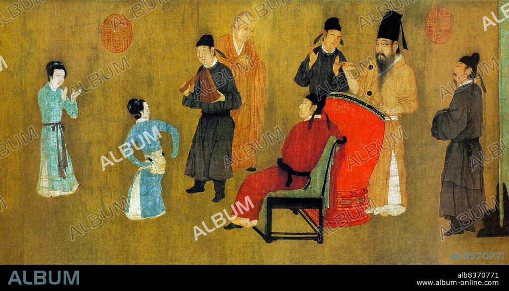 'The Night Revels of Han Xizai' is a painted scroll depicting Han Xizai, a minister of the Southern Tang Emperor Li Yu (937-978). This narrative painting is split into five distinct sections: Han Xizai listens to the pipa, watches dancers, takes a rest, listens to music, and then sees guests off.<br/><br/>. The original, painted by Gu Hongzhong (937-975), is lost, but a 12th century copy, housed in the Palace Museum in Beijing, survives (reproduced here).<br/><br/>. The full scroll should be viewed from right to left.