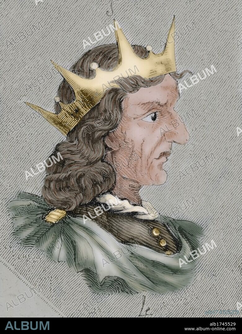 RECESVINTO. Rey visigodo (651 a 672). Para asegurar su sucesión, Chindasvinto asoció al mando a su hijo Recesvinto, que fue el verdadero rey en los tres años que aún vivió su padre. Grabado coloreado.