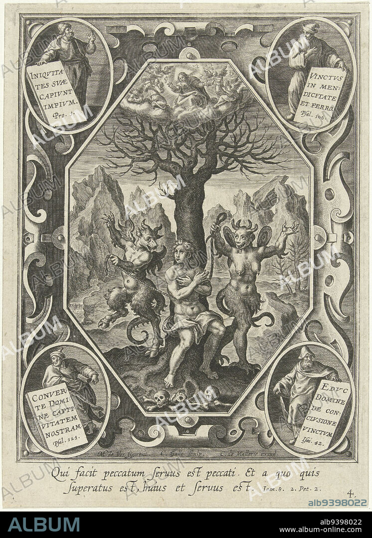 A young man, dressed with a cloth, is tied to a tree by a male and female devil with a rope. In the background a rocky landscape. At the man's feet three skulls with bones., A young man is chained to a tree by two devils, print maker: Cornelis Galle (I), (mentioned on object), Maerten de Vos, (mentioned on object), publisher: Karel van Mallery, (mentioned on object), Southern Netherlands, c. 1610 - in or after 1635, paper, engraving, h 160 mm × w 145 mm.
