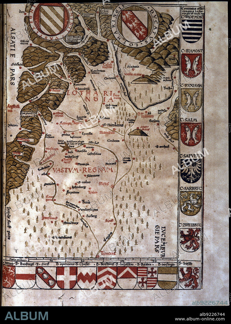 Map of the Duchy of Lotaringia, now Lorraine (France). In'Geographiae Universae', 1596.