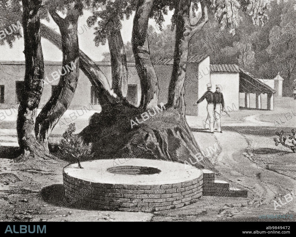 The Well at Cawnpore, India. The besieged forces of the East India Company, unprepared for an extended siege, surrendered to the rebel forces in return for a safe passage to Allahabad, however their evacuation turned into a massacre, the men were killed and 120 British women and children were murdered and their remains thrown down a well to hide the evidence. From Hutchinson's History of the Nations, published 1915.