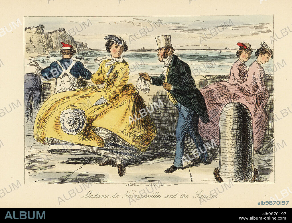 English gentleman and lady meeting on Ramsgate promenade, 19th century. The French widow in yellow dress with parasol had dropped her handkerchief for Rowley Rounding to retrieve. Madame de Normanville and the Squire. Handcoloured steel engraving after an illustration by John Leech from Robert Smith Surtees Mr. Facey Romfords Hounds, Bradbury, Evans and Co., London, 1865. Leech (1817-1864) was an English caricaturist and illustrator best known for his work for Punch magazine.