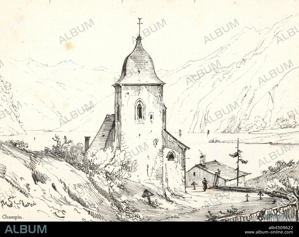 Lac de Wallenstadt (Canton de St. Gall), View of the Catholic Bühlkirche Hl. Kreuz and Walensee, Fig. 36, S. 95, Champin, Jean Jacques, 1800, [Jean-Jacques] Champin: Album portatif dédié aux amateurs et particulièrement aux voyageurs en Suisse: texte français et anglais. Paris: Lith. de Tierry frère. 18--.