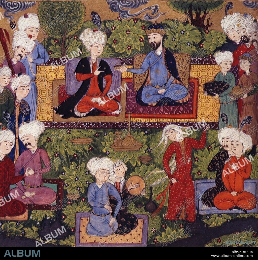 Iskandar entertains the Khaqan, c1505. Iskandar (Alexander the Great) and the Khaqan (Khan) are seated on mats in a rich green landscape, surrounded by courtiers and entertained by two young musicians and a girl dancer. Persian miniature painting from a sixteenth century manuscript of the 'Khamsa' (Five Poems) of Nizami, produced in Iran.