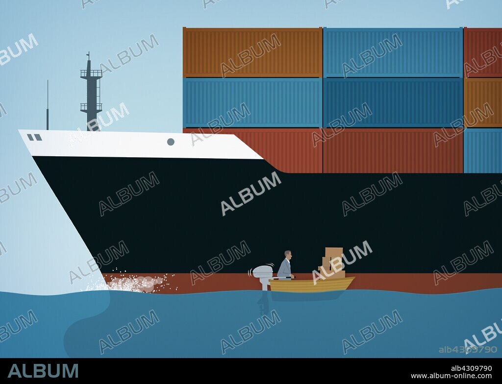 Contrast between businessman with boxes in small boat alongside cargo container ship.